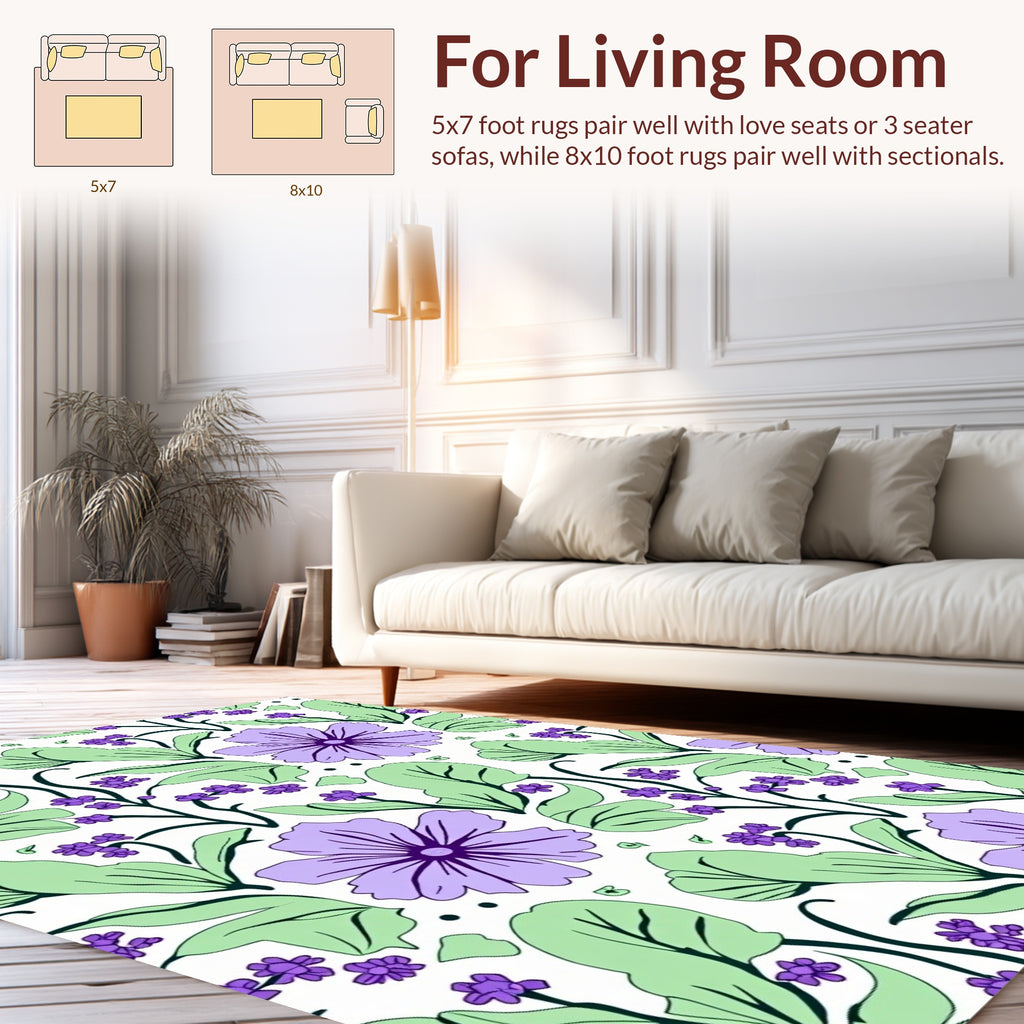 Purple Flower Pattern with Green Leaves Rug
