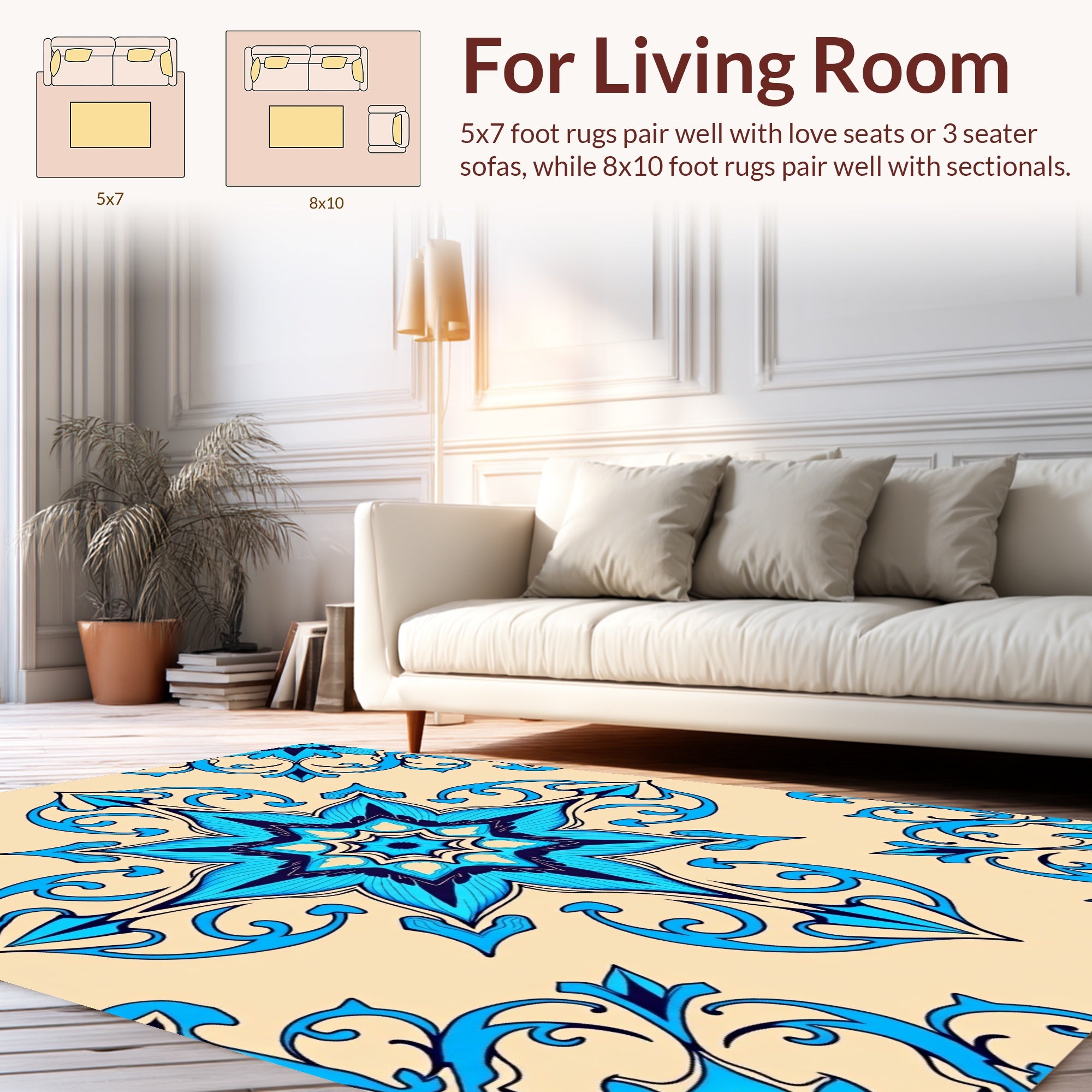 Scrolled Floral Medallion Blue Yellow Rug