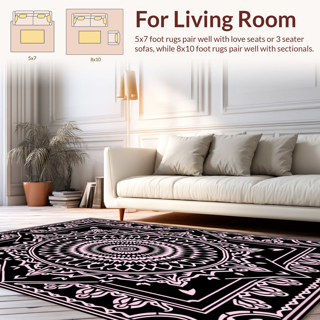 Black Pink Mandala Geometric Pattern Rug