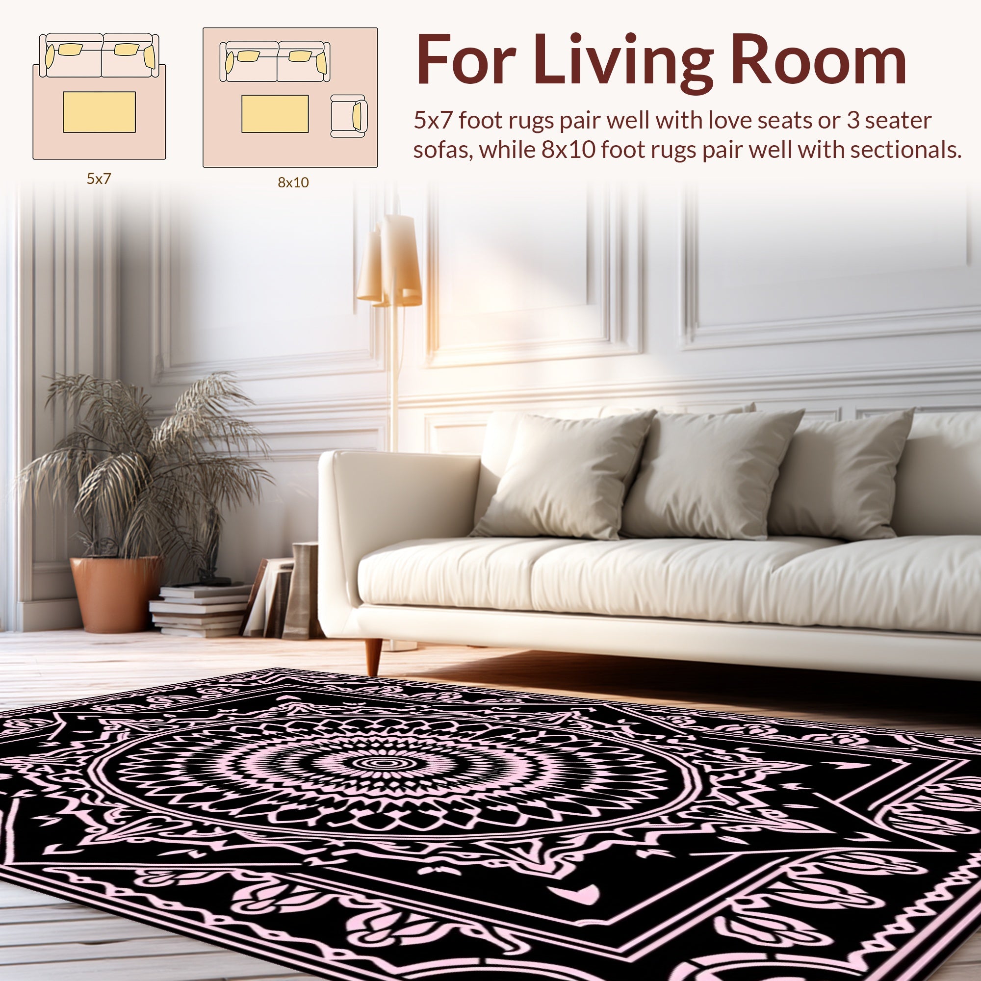 Black Pink Mandala Geometric Pattern Rug