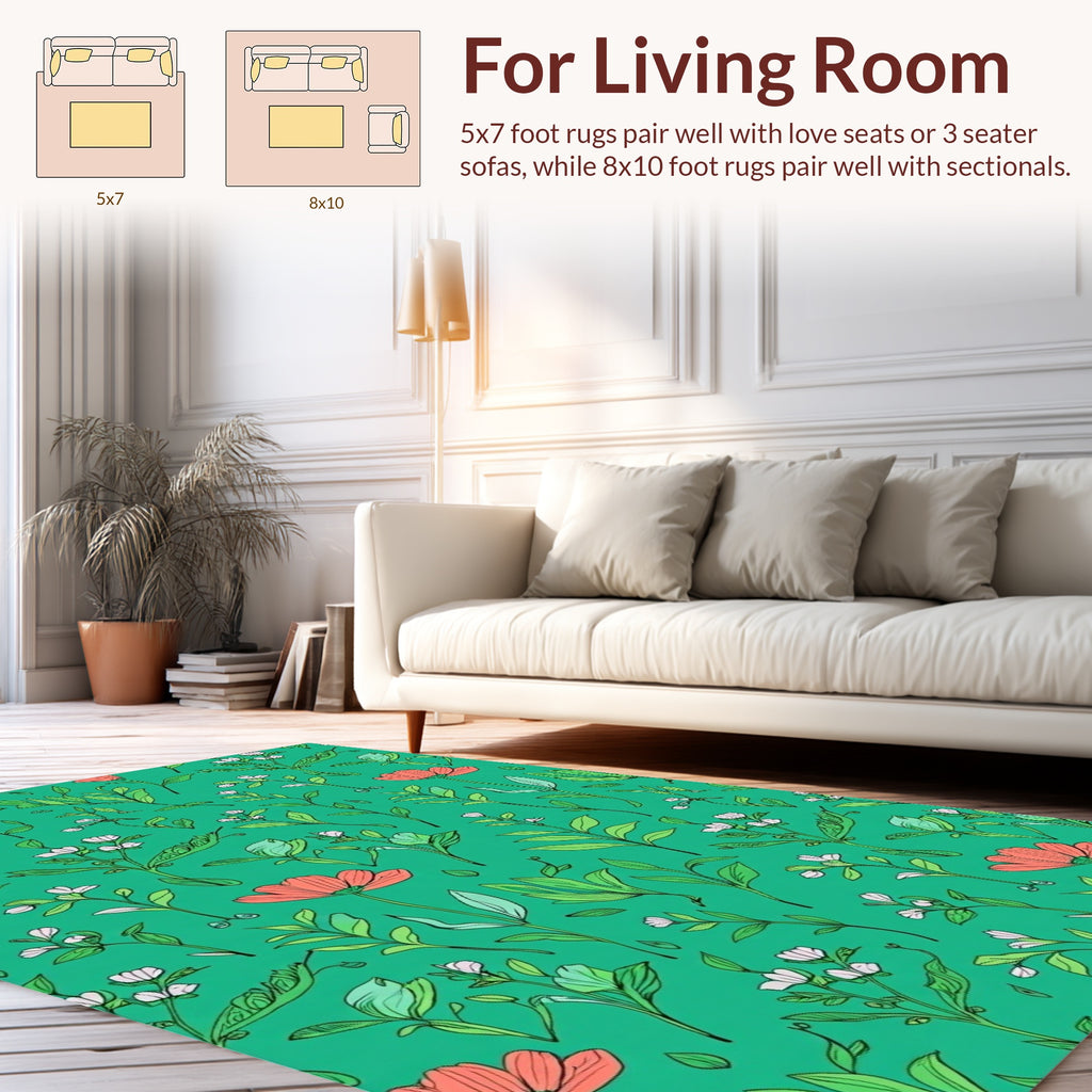Coral and Green Floral Botanical Design Rug