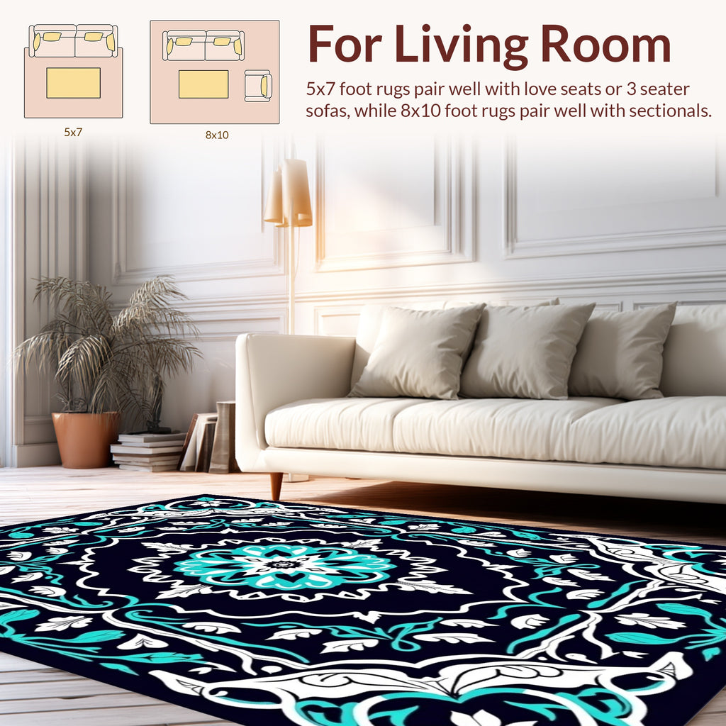 Damask Floral Patterned Teal White Rug