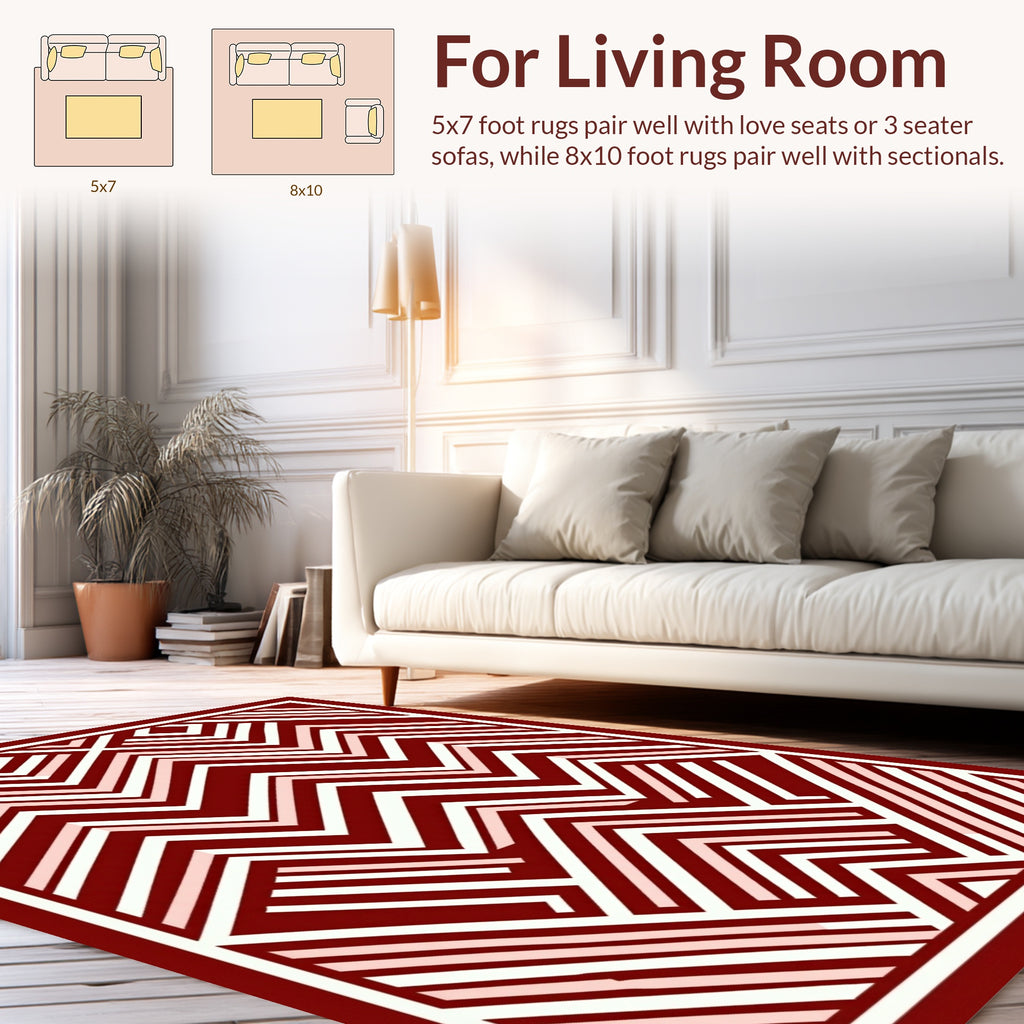 Geometric Patterned Crimson Zigzag Style Rug