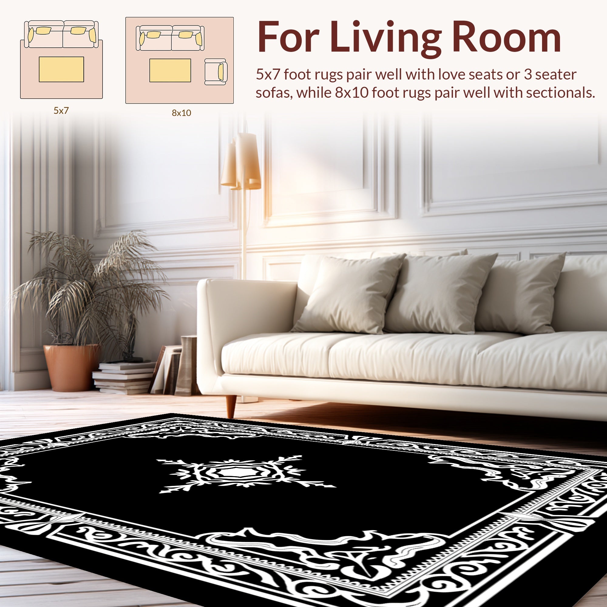 Elegant Black White Floral Scroll Frame Rug