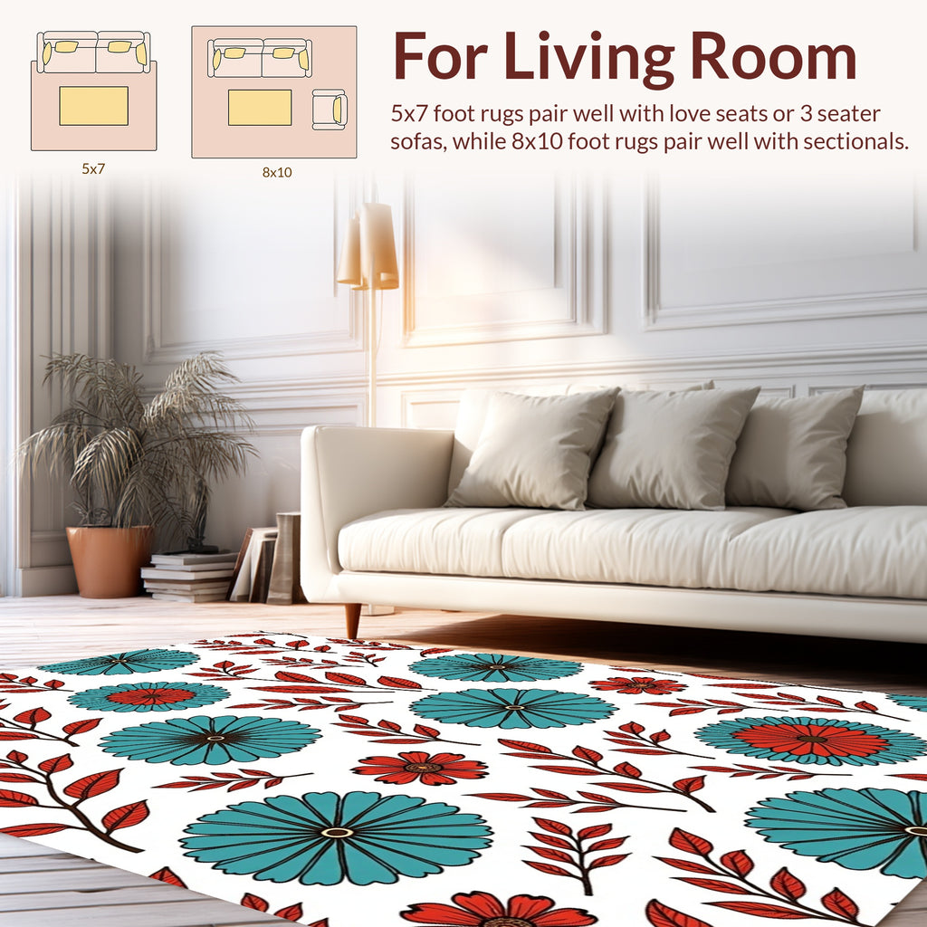 Floral Spray Pattern with Teal Red Blooms Rug