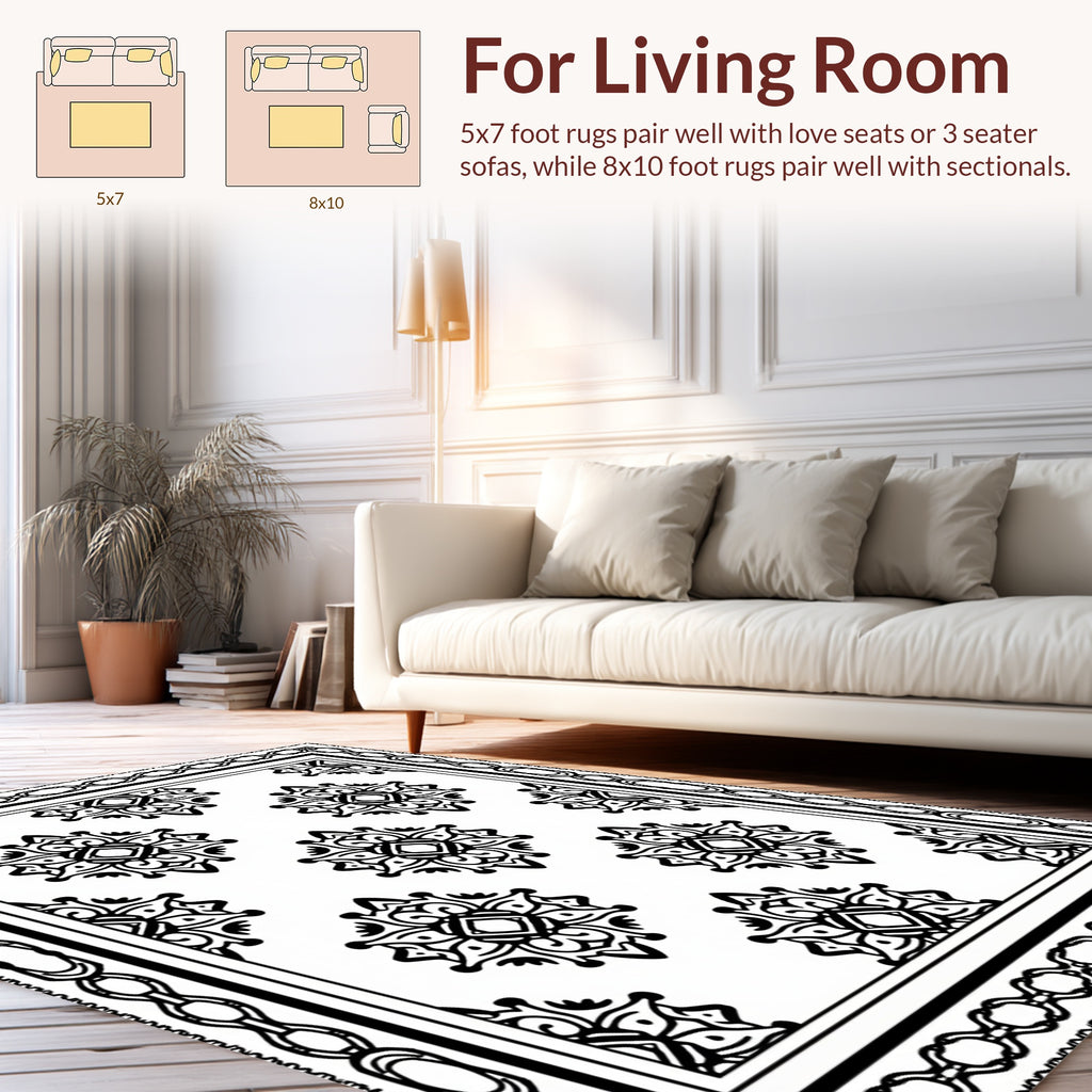 Ornate Black White Medallion Pattern Rug