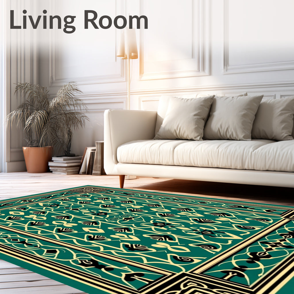 Teal Black Cream Ornamental Arabesque Rug