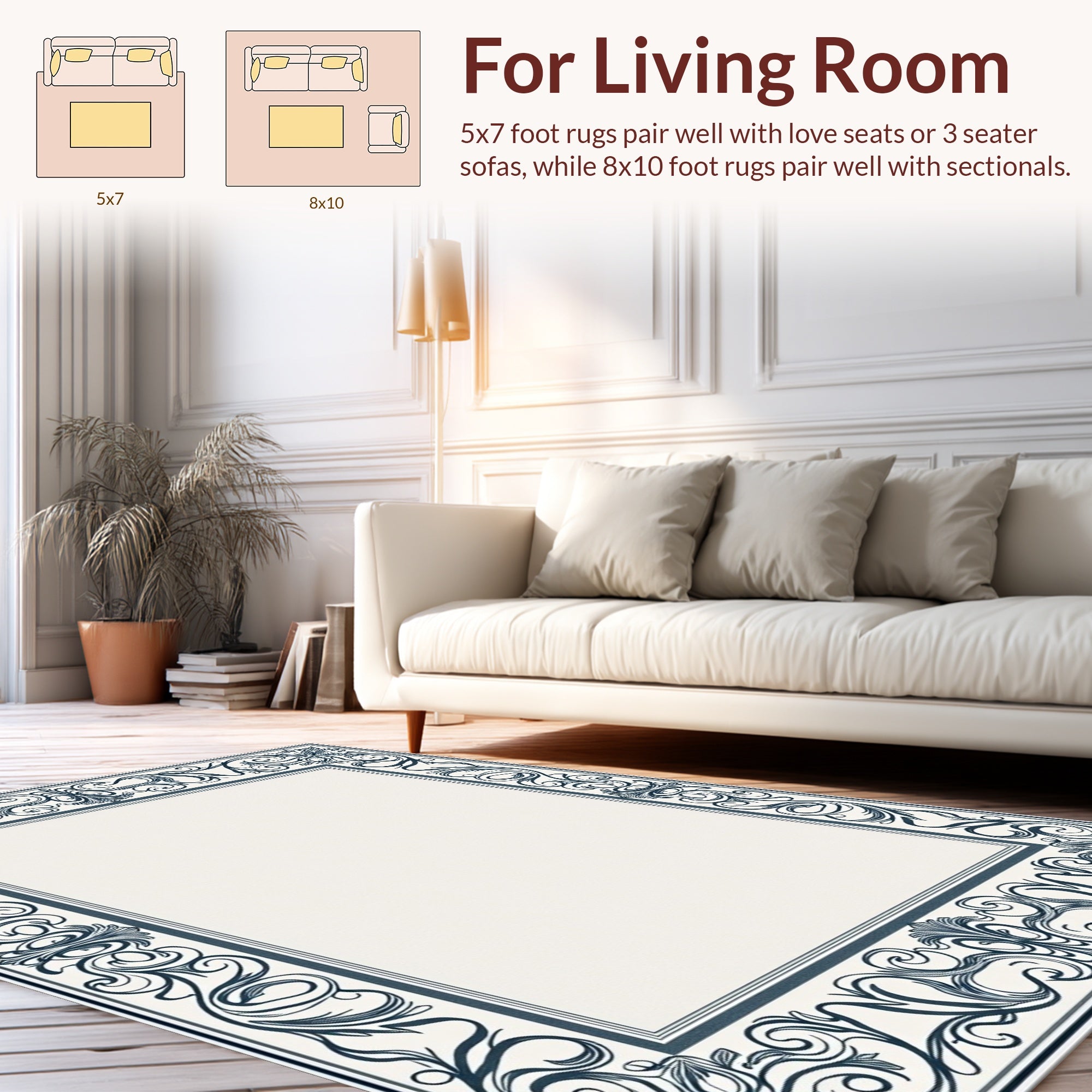 Ornate Dark Blue Floral Border Rug