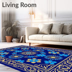 Deep Blue Golden Blooming Scroll Rug