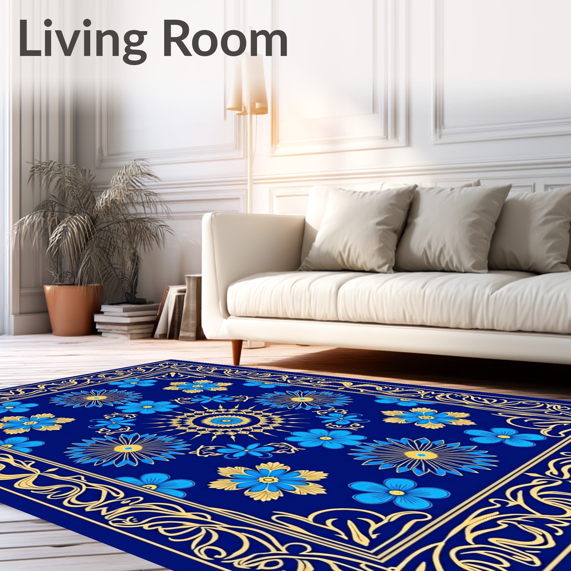 Deep Blue Golden Blooming Scroll Rug