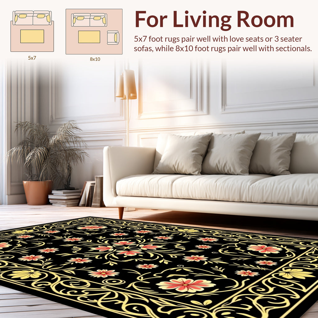 Black Floral Swirls And Vines Rug