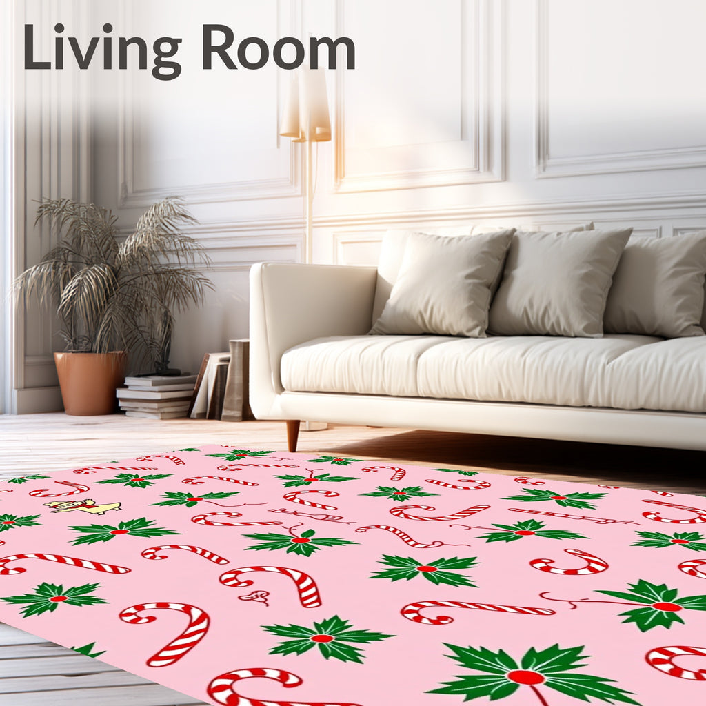 Pink Candy Cane Holly Figures Rug