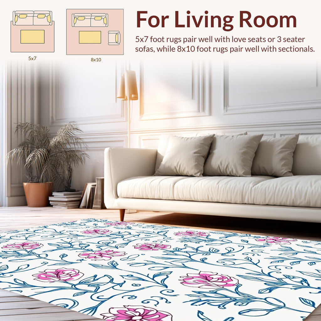 Floral Sketch Blue Pink Pattern Design Rug