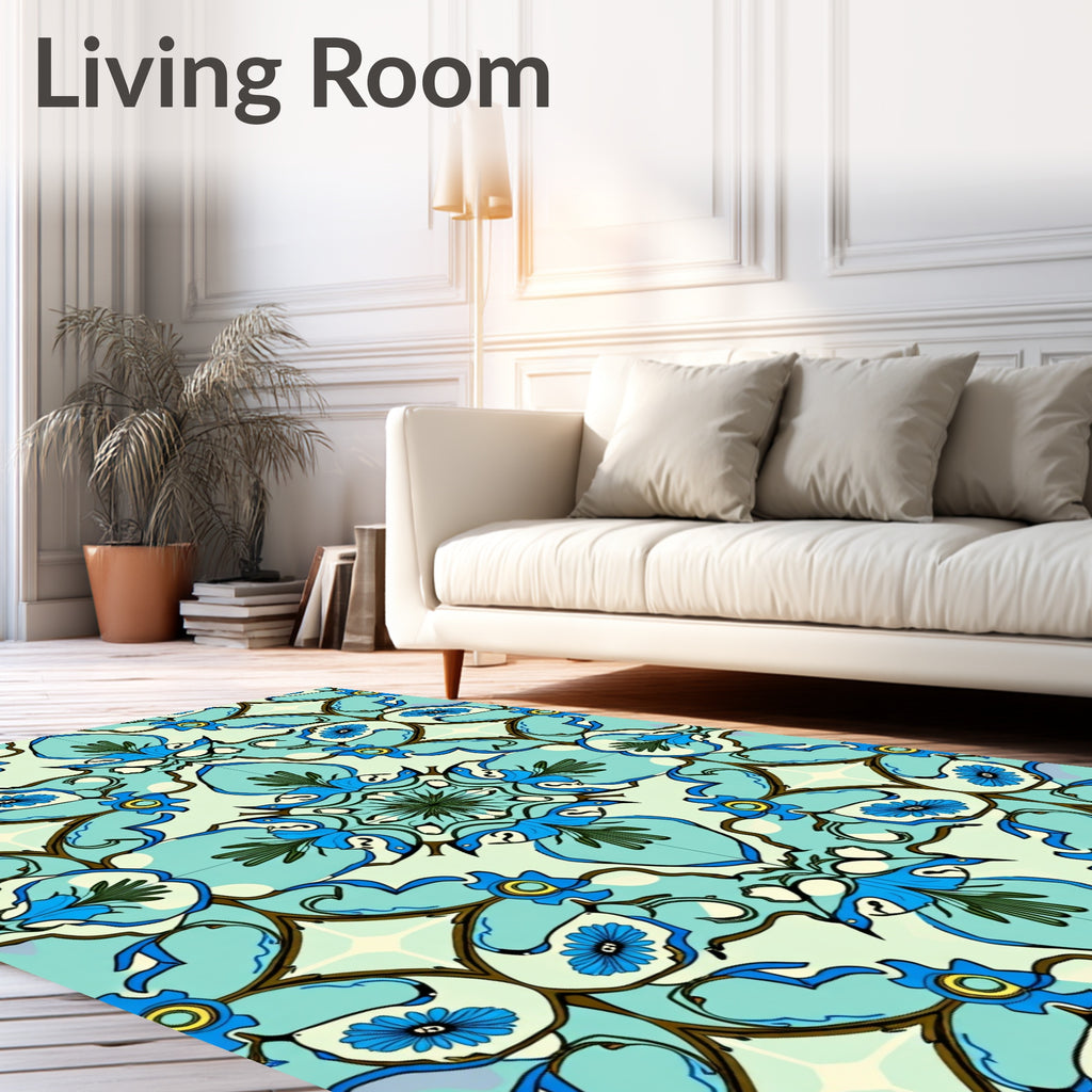 Blue Floral Scrollwork Pattern Rug