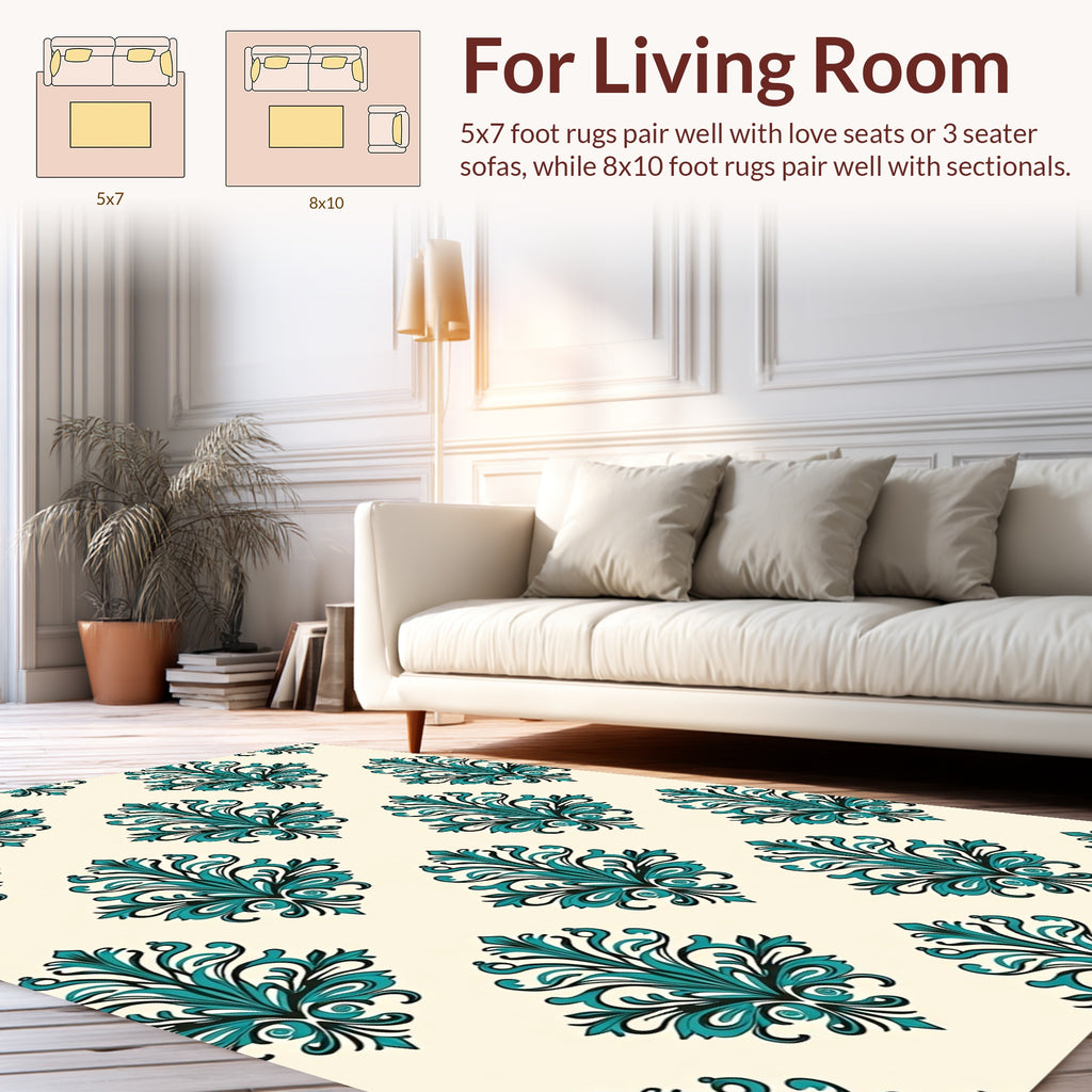 Teal Floral Damask Pattern Rug