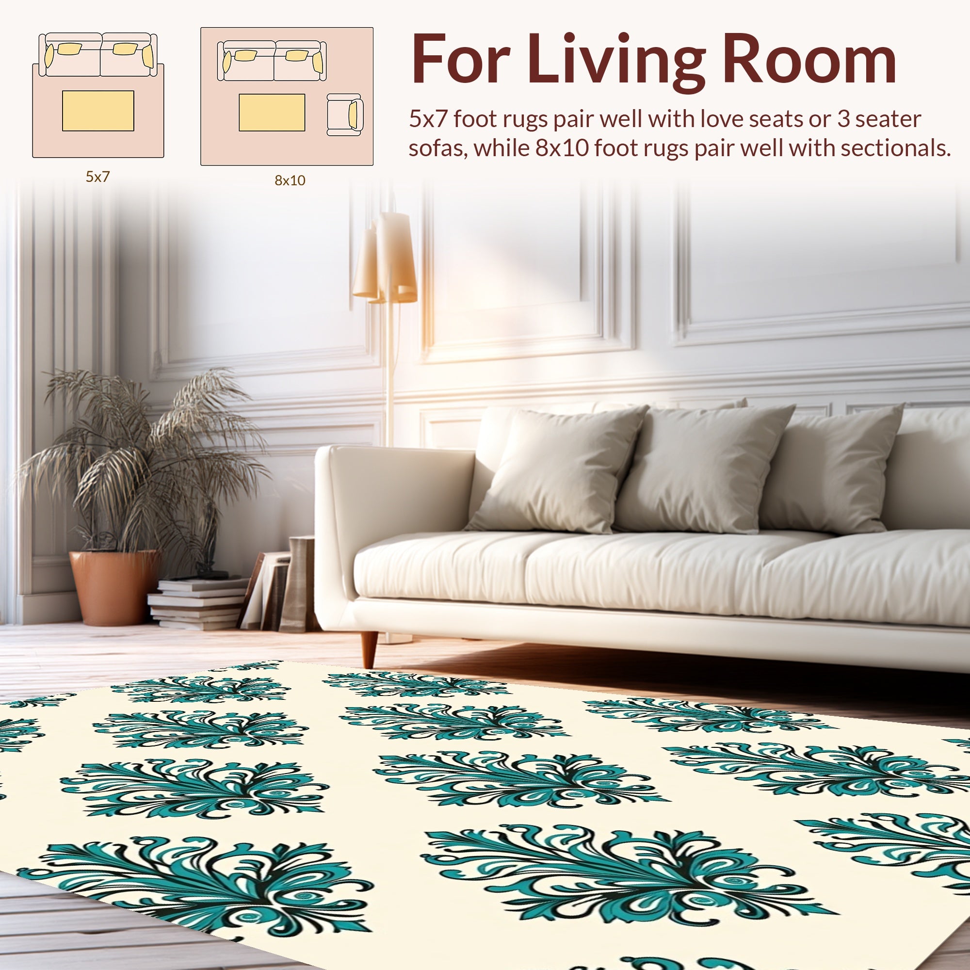 Teal Floral Damask Pattern Rug