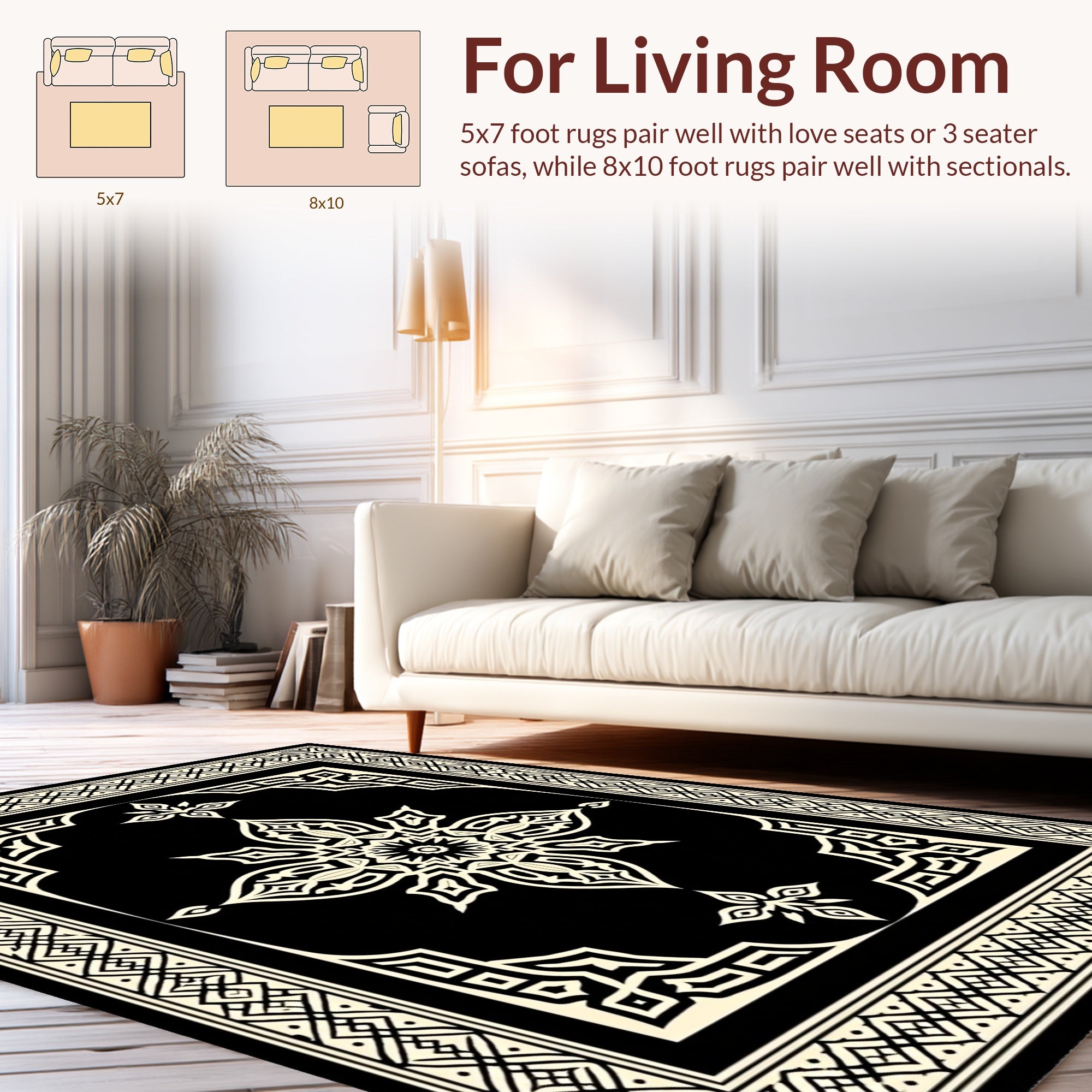 Elaborate Black Ivory Floral Mandala Rug