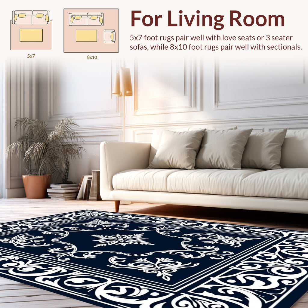 Classic Blue White Elegant Floral Border Design Rug