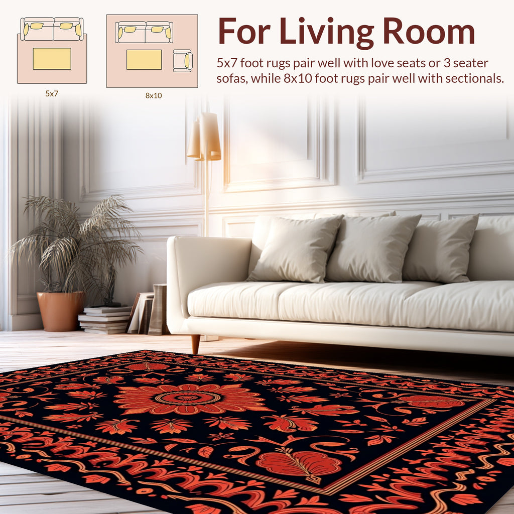 Intricate Floral Pattern Red Orange Rug