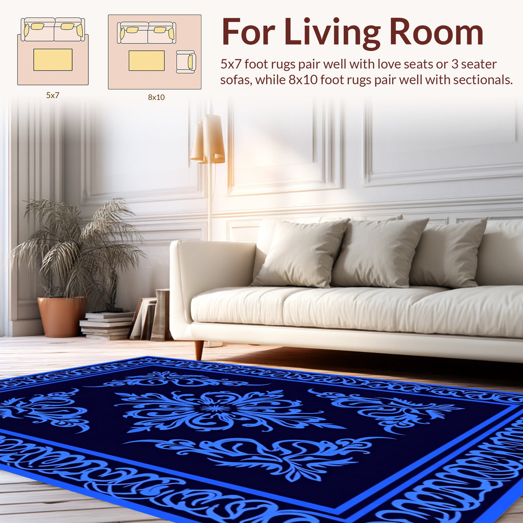Deep Blue Abstract Floral Scroll Rug