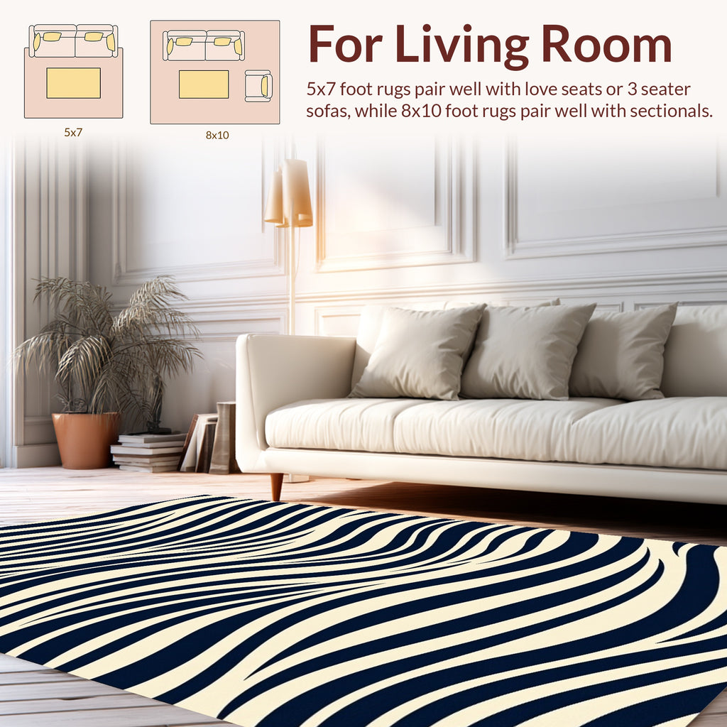 Dark Blue Cream Wavy Stripe Rug