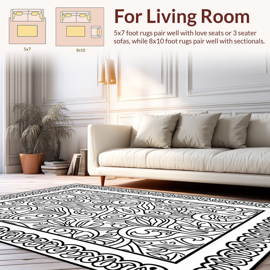 Swirling Floral Vines Bordered Abstract Rug