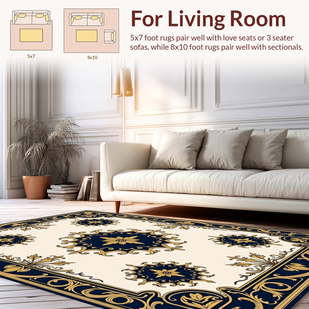 Elegant Navy Gold Floral Motif Rug