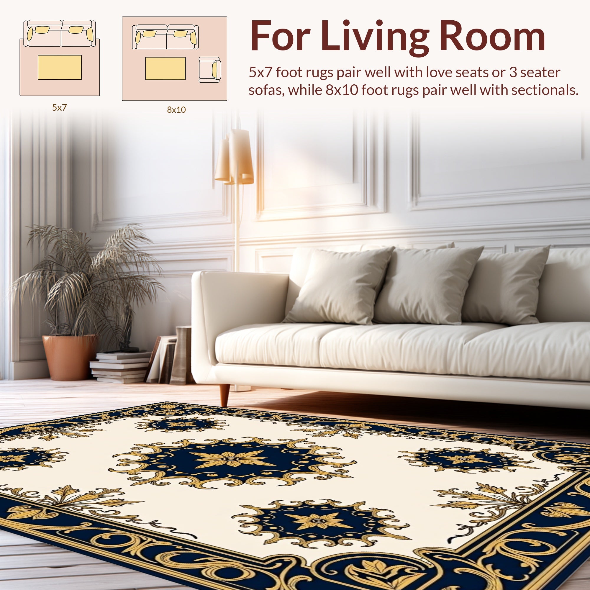 Elegant Navy Gold Floral Motif Rug