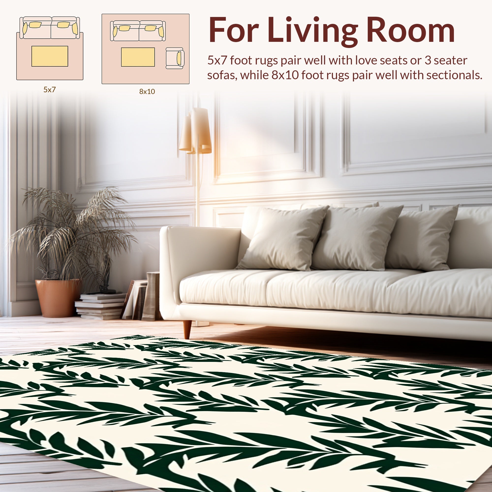 Dark Green Leaf Patterned Rug