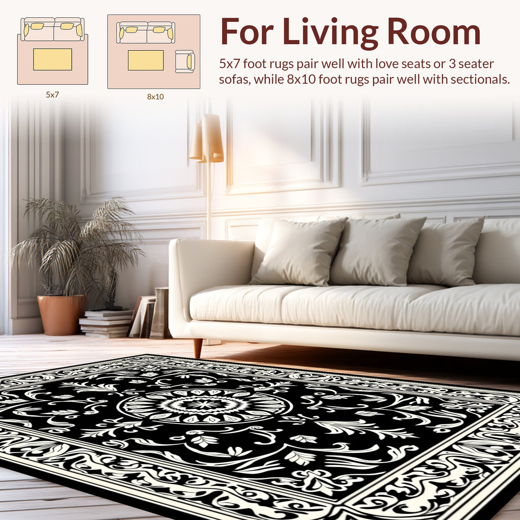 Classic Floral Medallion Black And White Rug