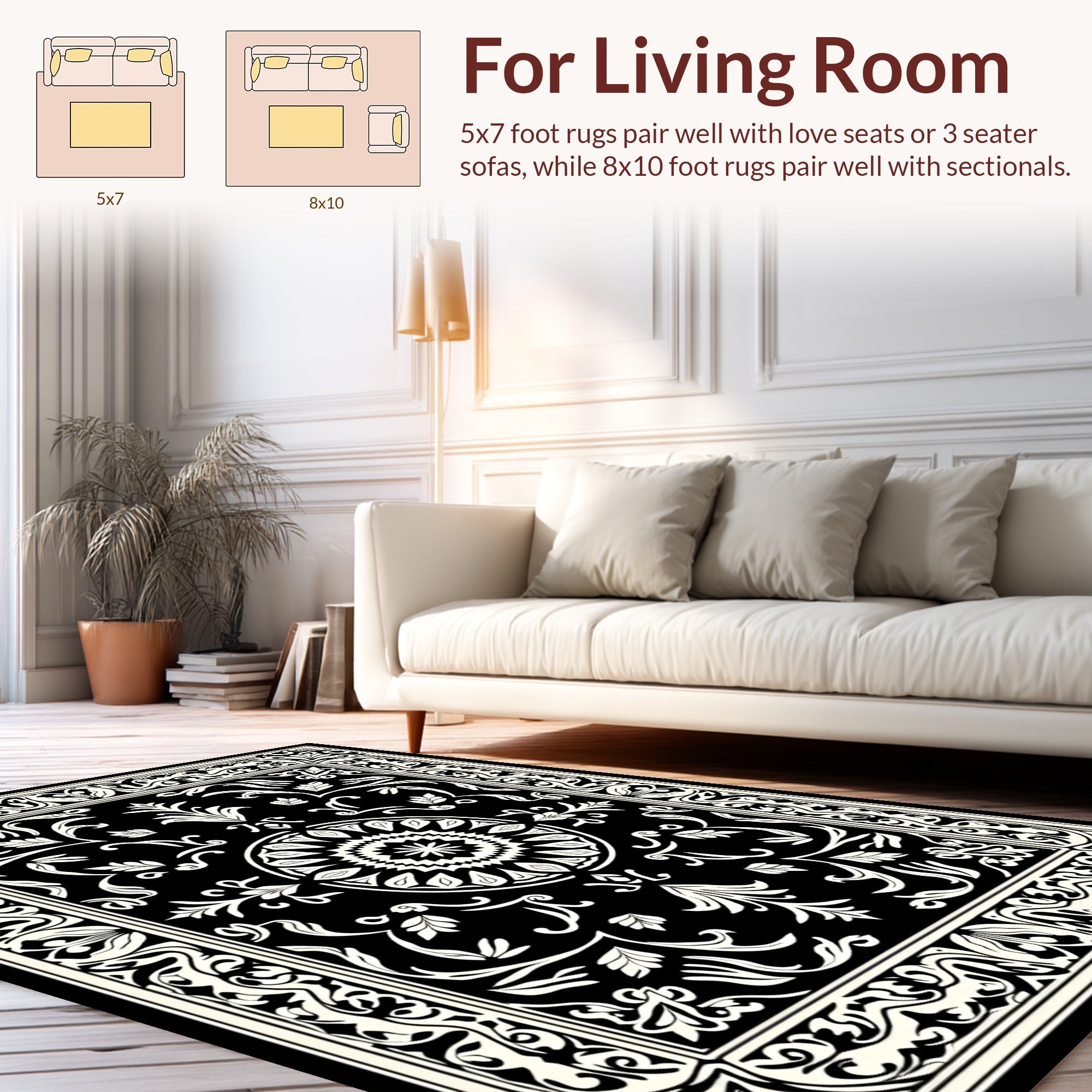 Classic Floral Medallion Black And White Rug