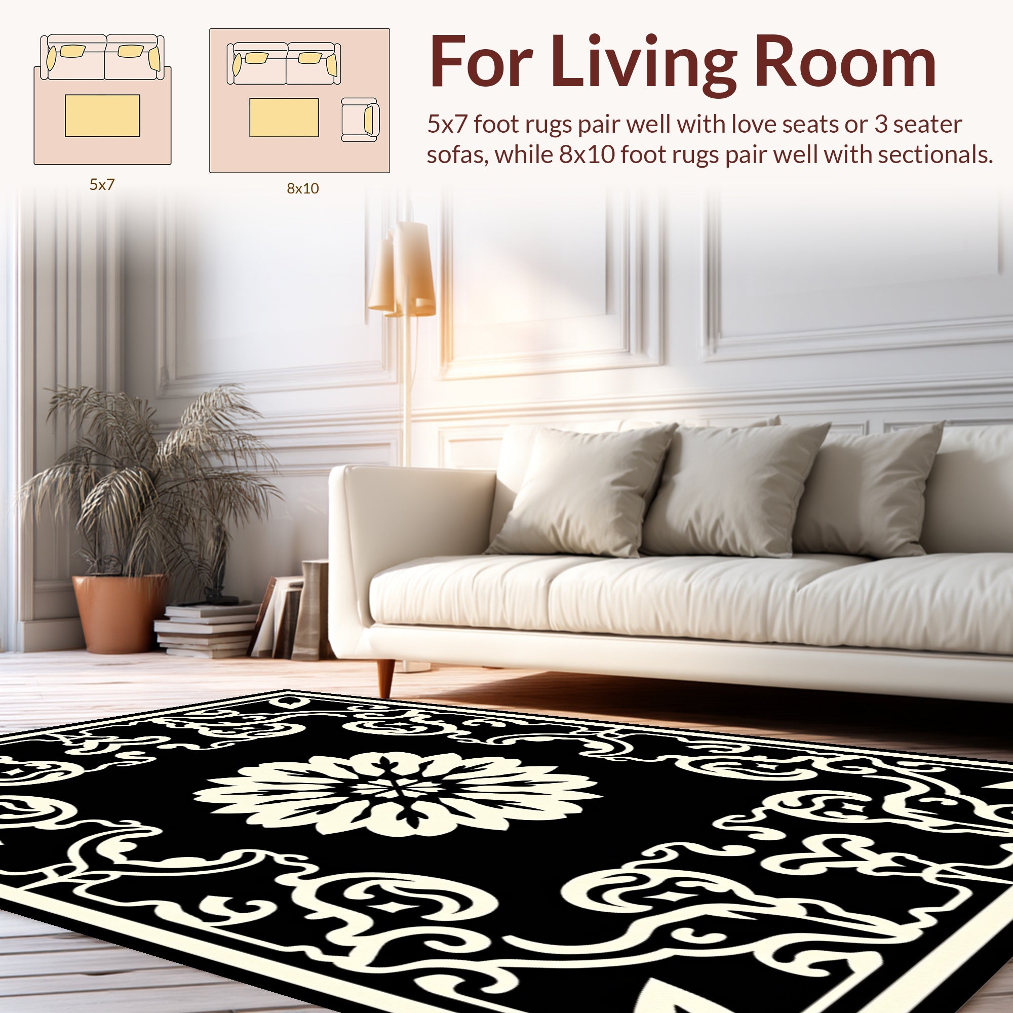 Elegant Black Cream Floral Pattern Rug