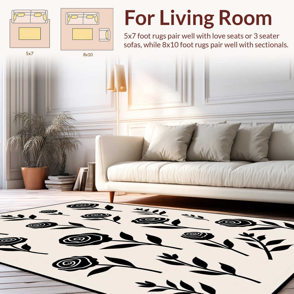 Stylized Black Rose Pattern Rug