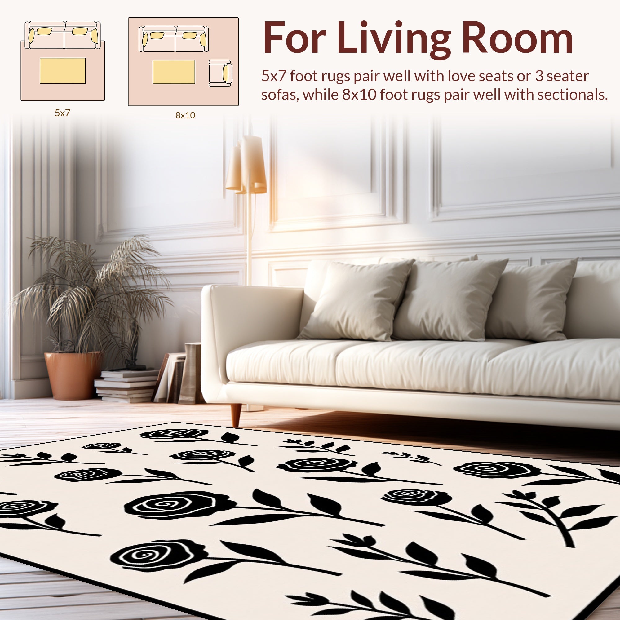 Stylized Black Rose Pattern Rug