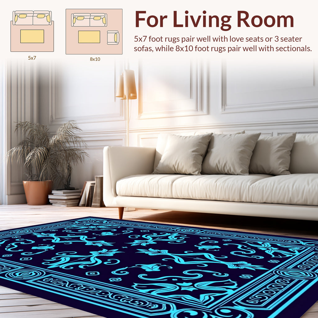 Elegant Cyan Floral Art Deco Rug