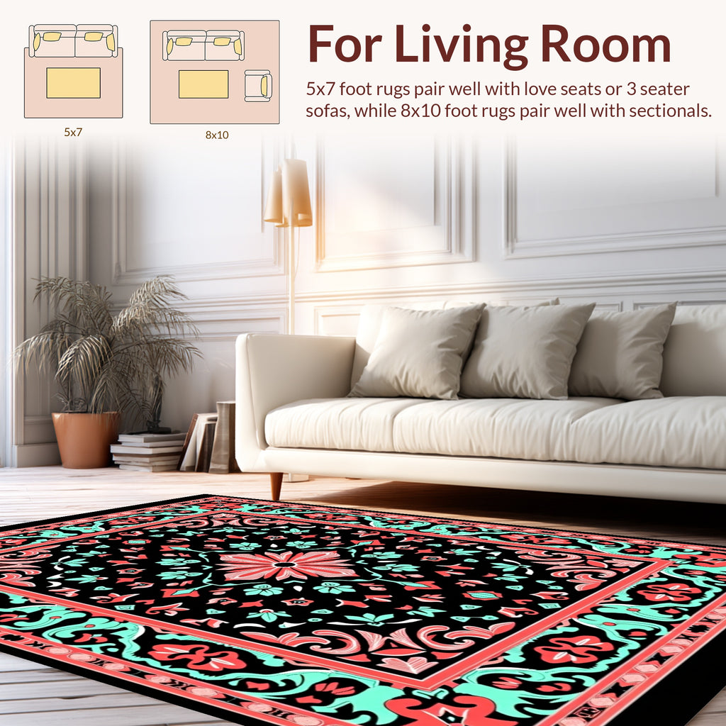 Coral Aqua Floral Symmetry Pattern Rug