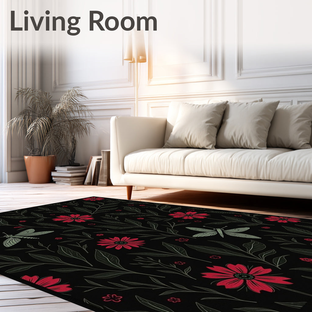 Crimson Daisy Dragonfly Botanical Black Rug