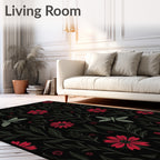 Crimson Daisy Dragonfly Botanical Black Rug