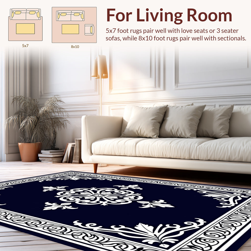 Dark Blue White Floral Swirl Design Rug