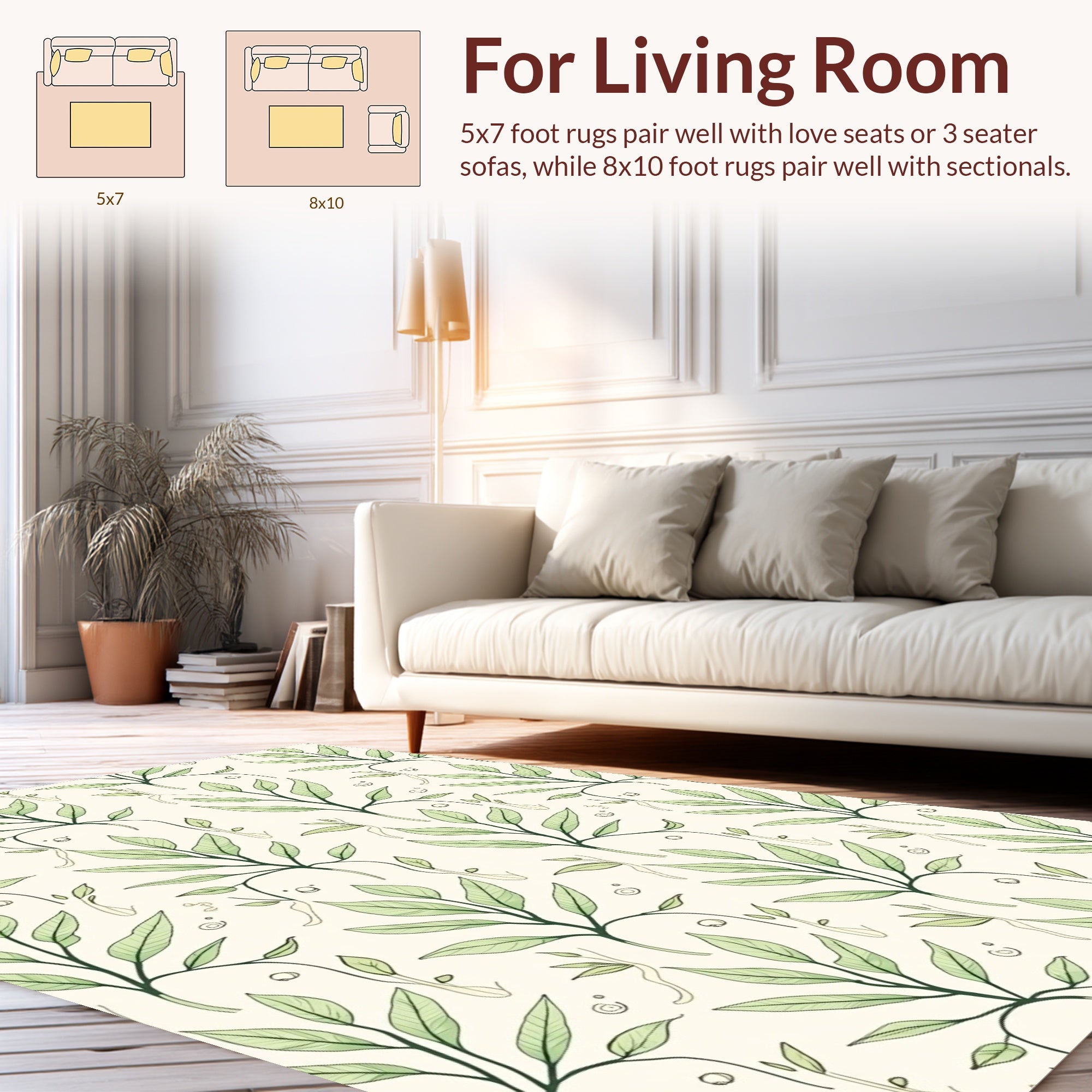 Botanical Branch Pattern With Soft Green Leaves Rug