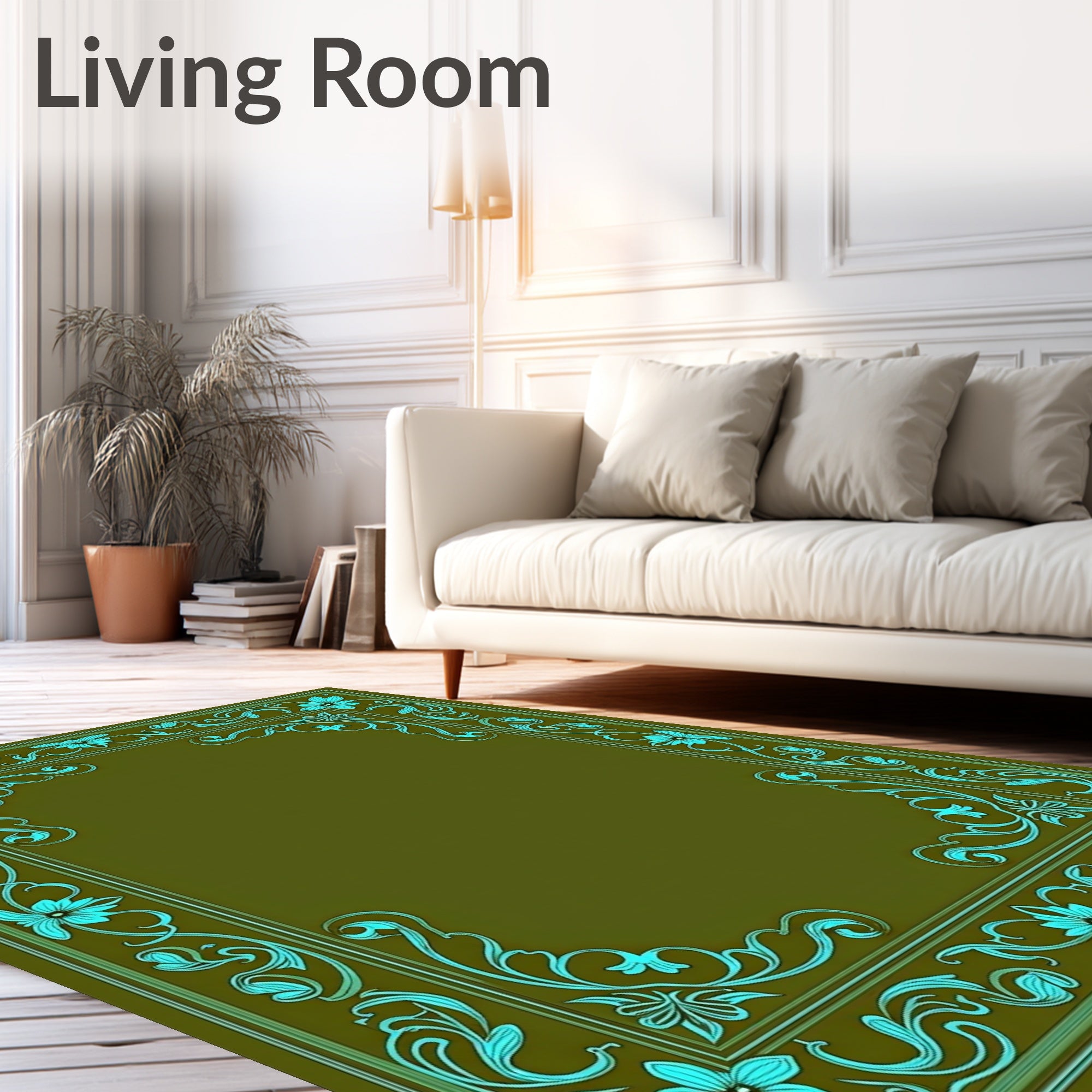 Teal Floral Vine Border Rug