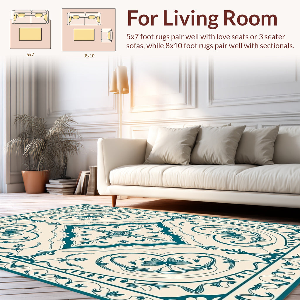 Vintage Teal Floral Scroll Design Rug