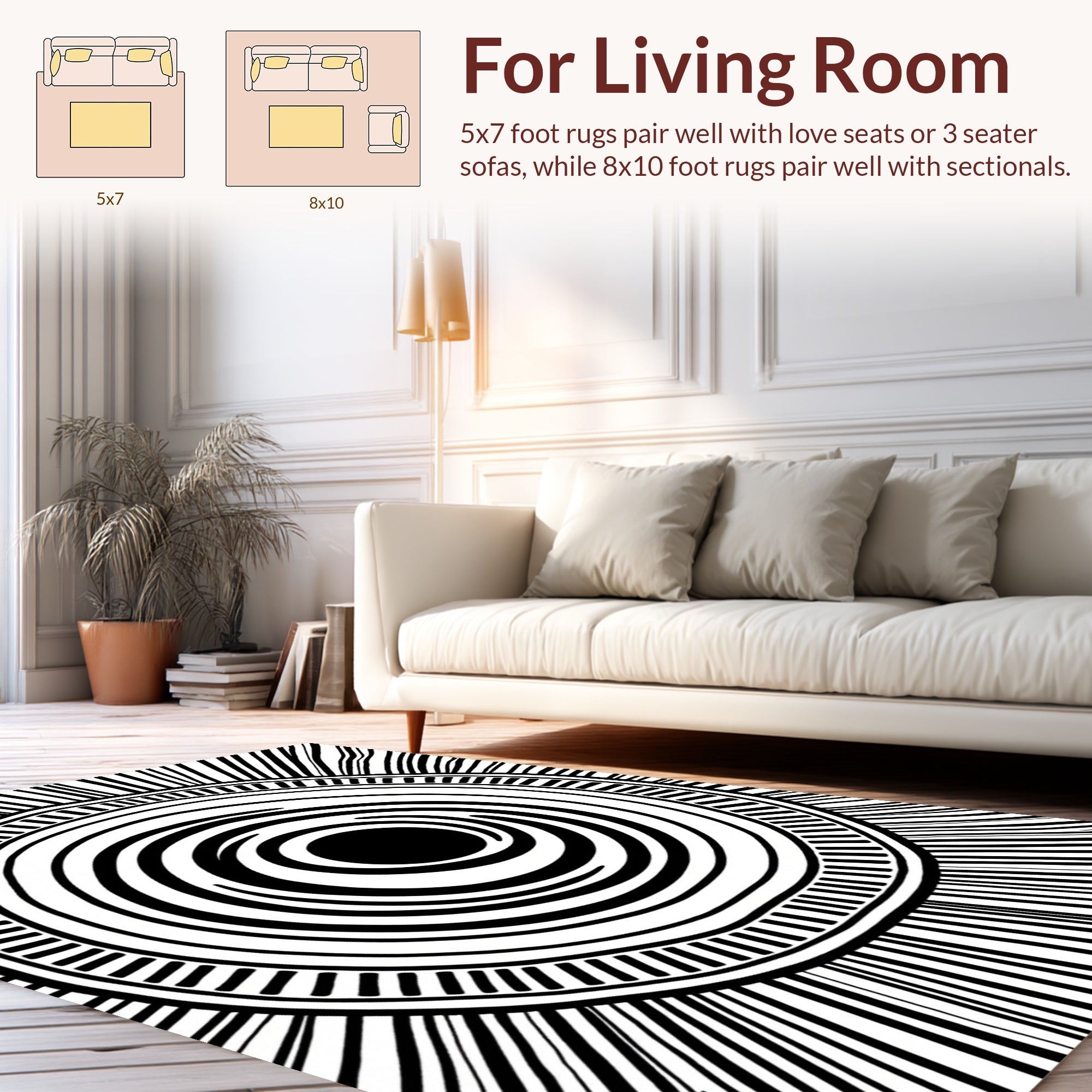 Radiating Circles Bold Black White Pattern Rug