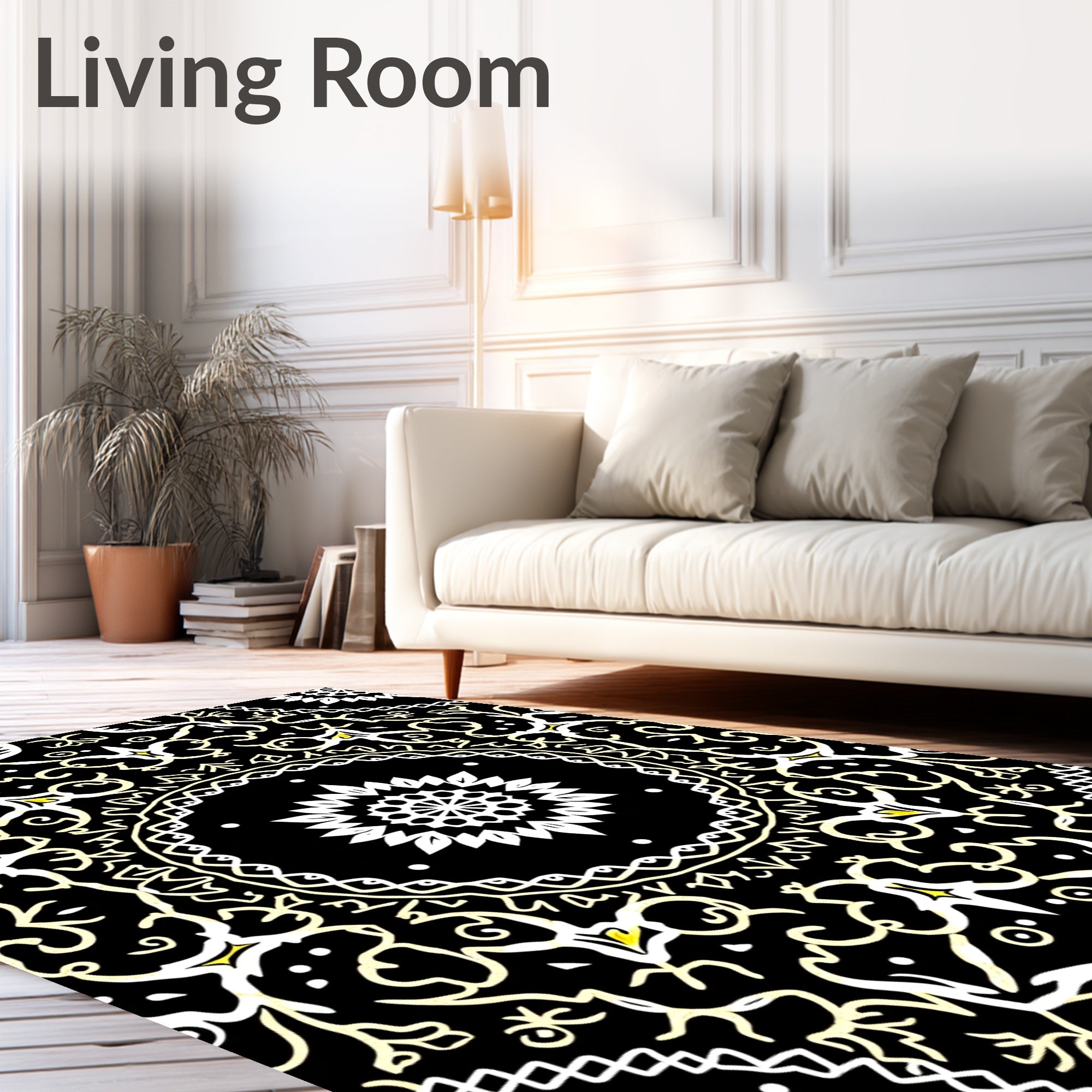 Black White Yellow Mandala Floral Rug