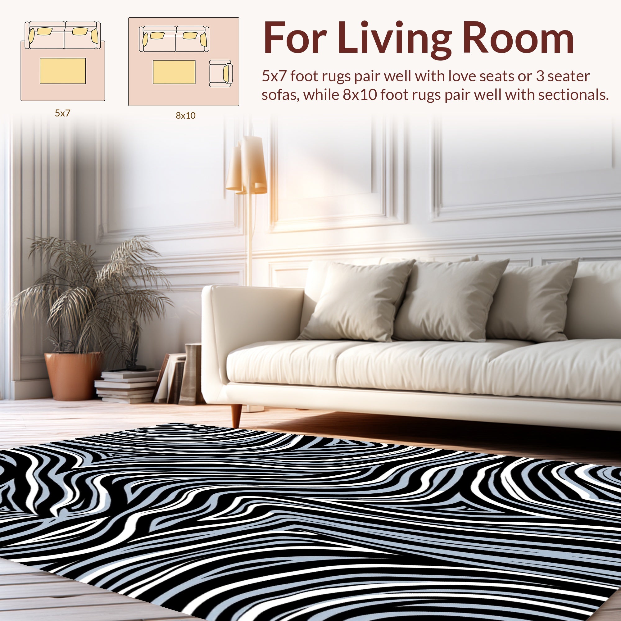 Abstract Wavy Black White Stripe Design Rug
