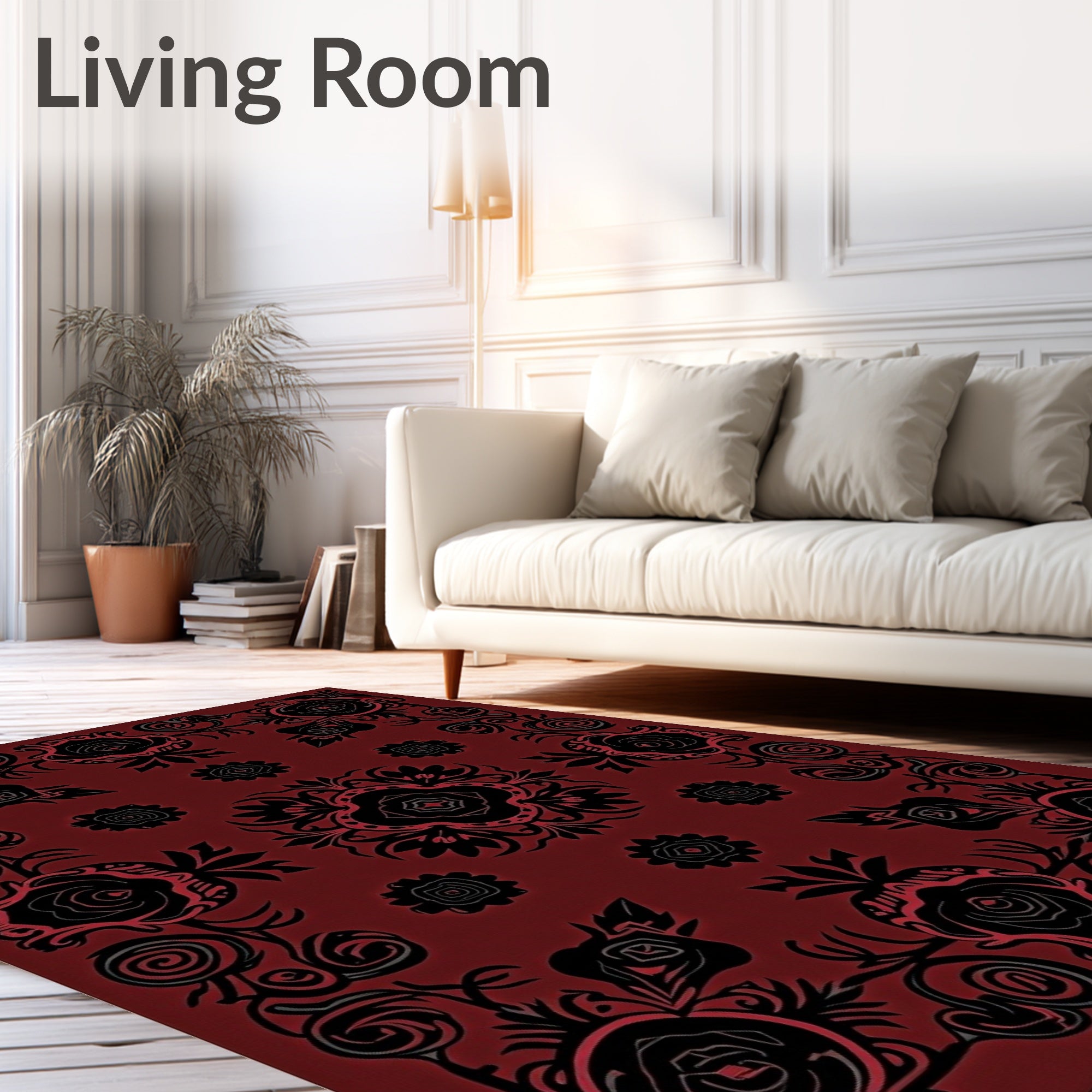 Deep Red Black Floral Scroll Medallion Rug