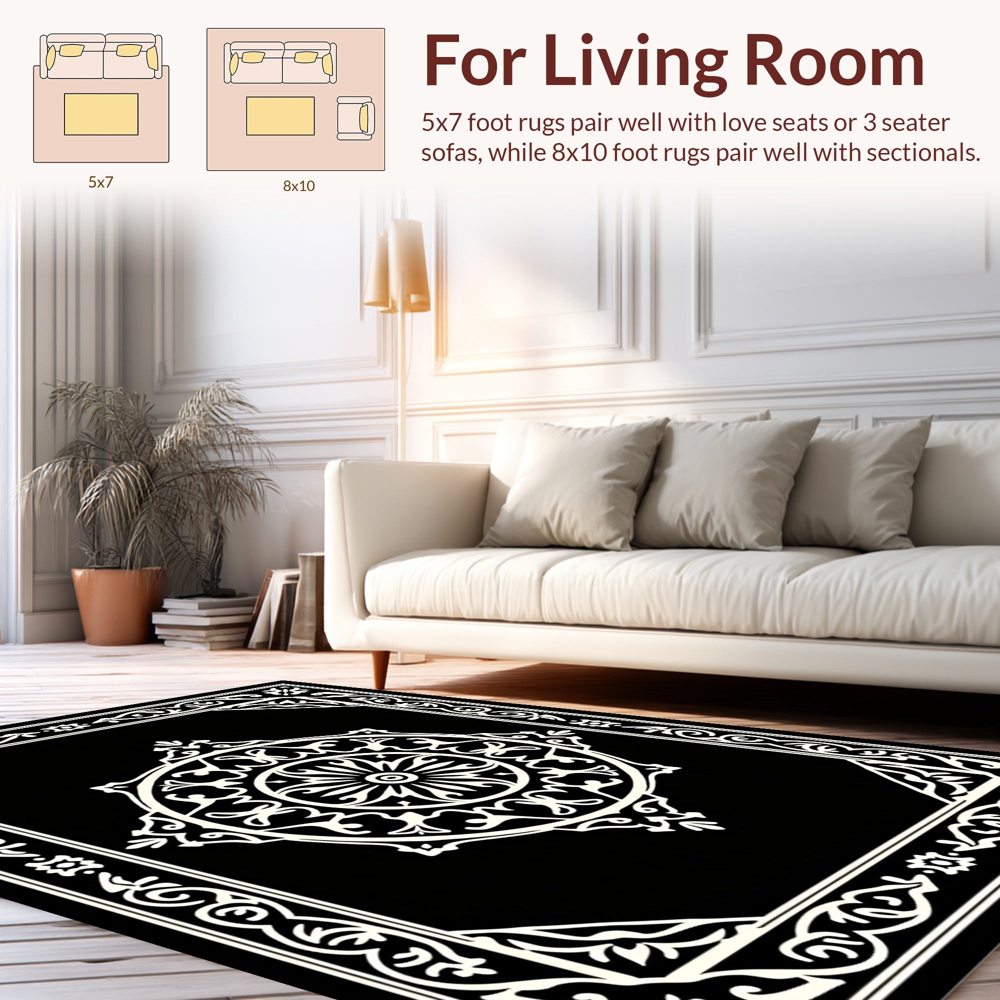 Ornate Medallion Black White Intricate Rug