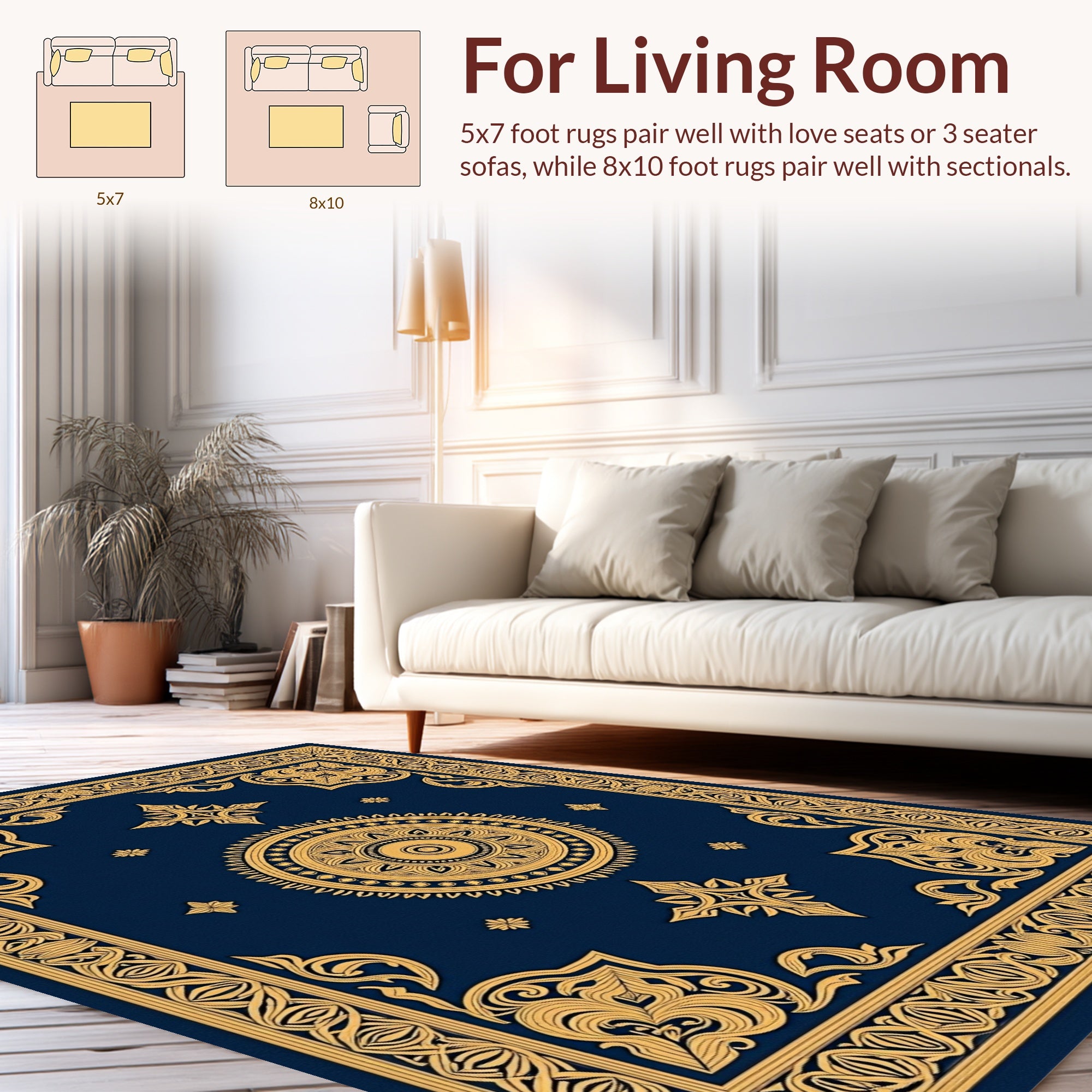 Ornate Gold Medallion Patterned Blue Rug
