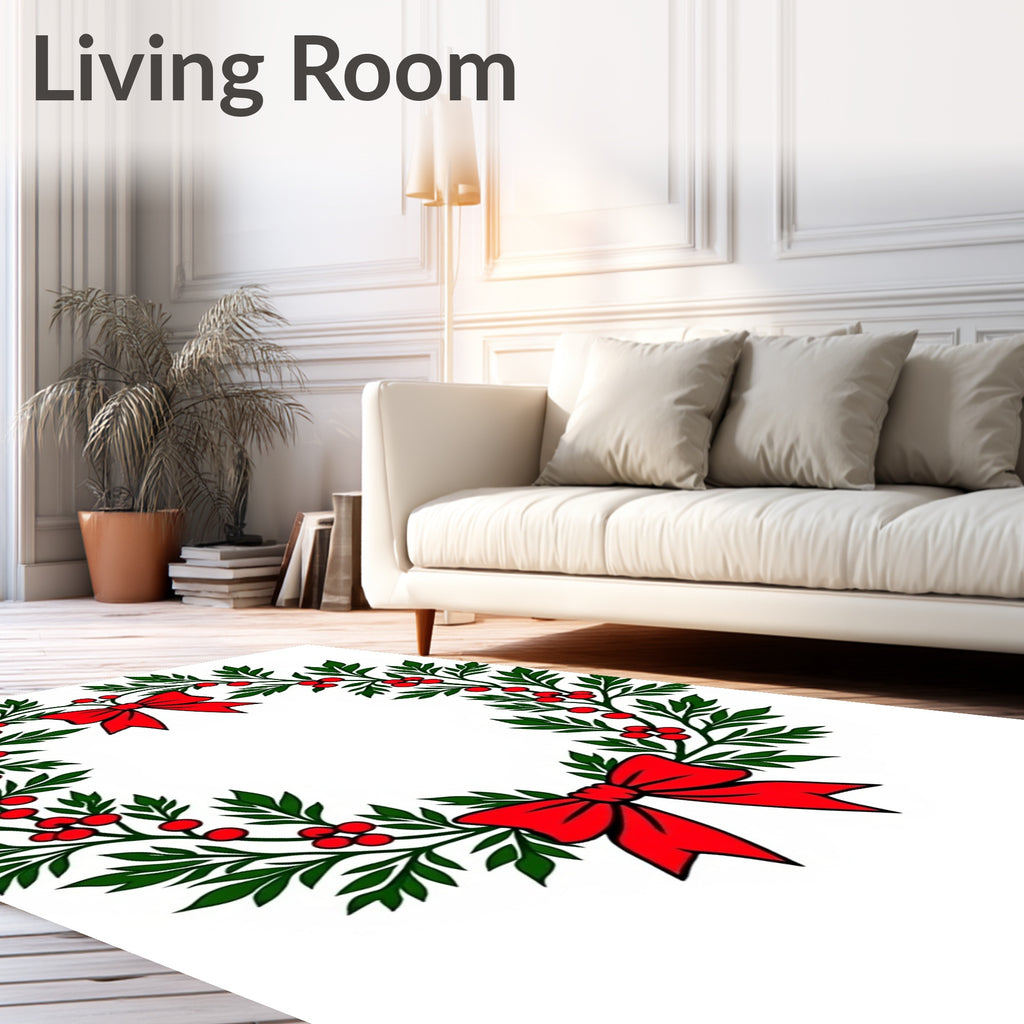 Festive Green Holly Red Berry Bow Wreath Rug