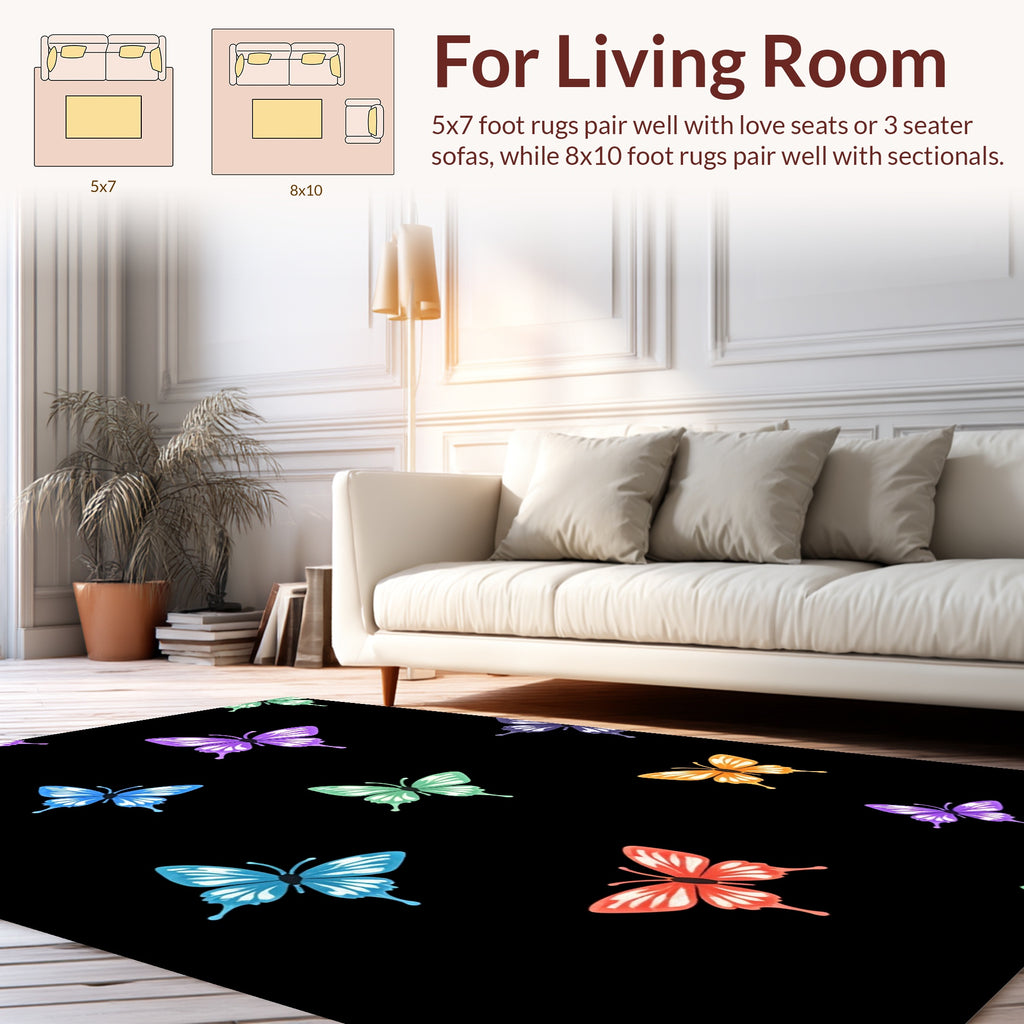Colorful Butterflies on Black Background Pattern Rug